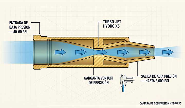 Diagram of the HydroWasher X5 Pro compression chamber showing Venturi flow